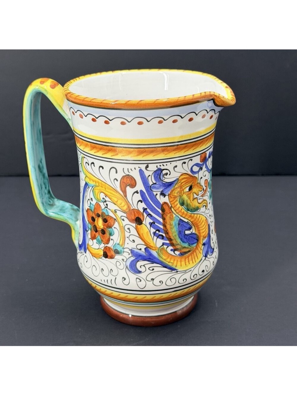 VTG DERUTA ITALY Hand Painted Hotel Ida Ceprano Pitcher Colorful Floral Dragons